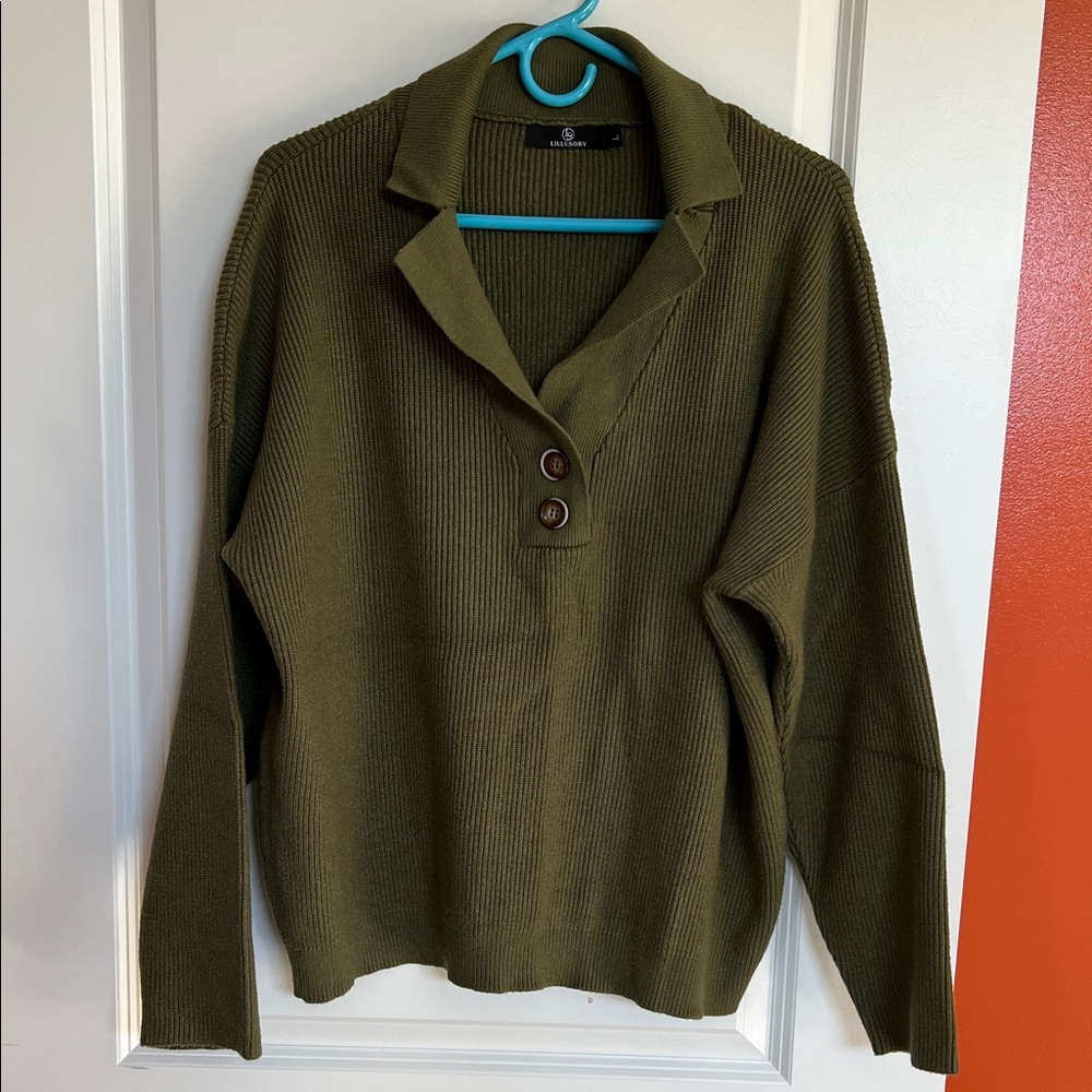 Chic Olive V-Neck Sweater with Button Detail